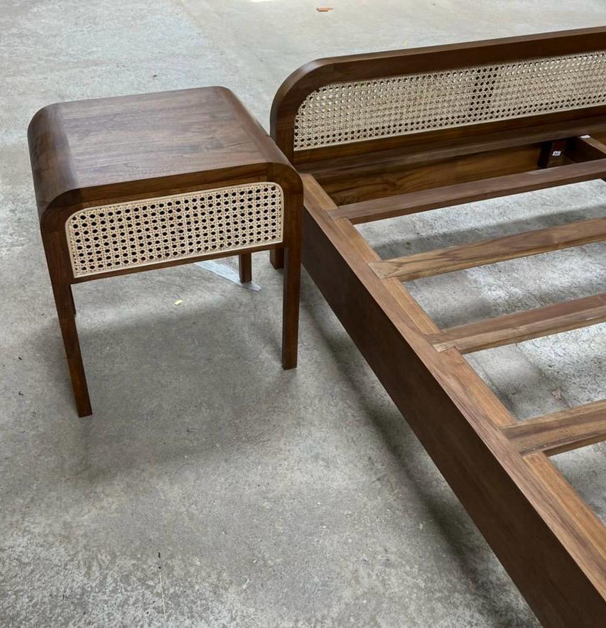 BF-05 - Wooden Bed Frame with Woven Headboard and Matching Side Tables