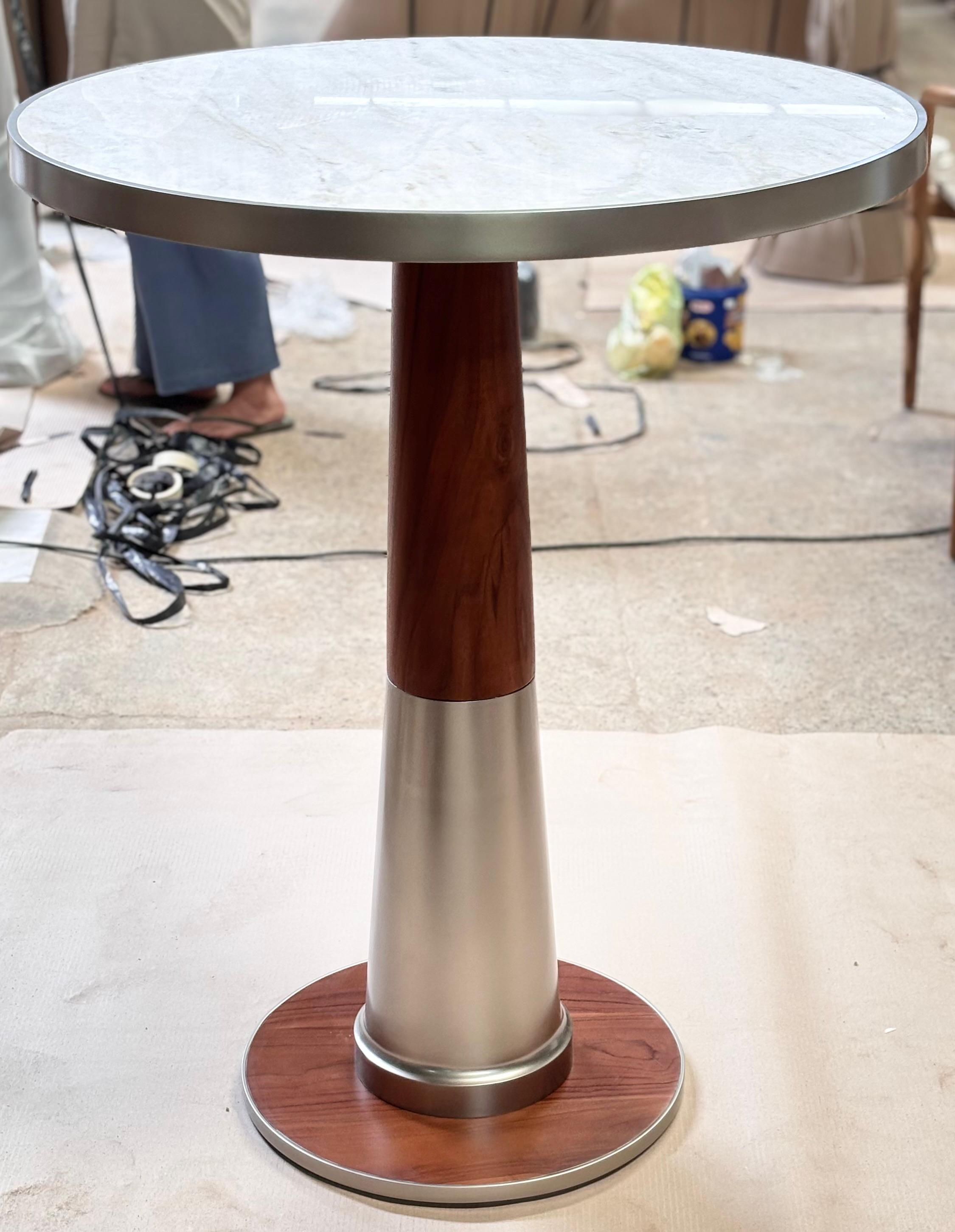 BT-06 - Round Bar Table with Marble Top, Stainless Frame & Wood-Stainless Base