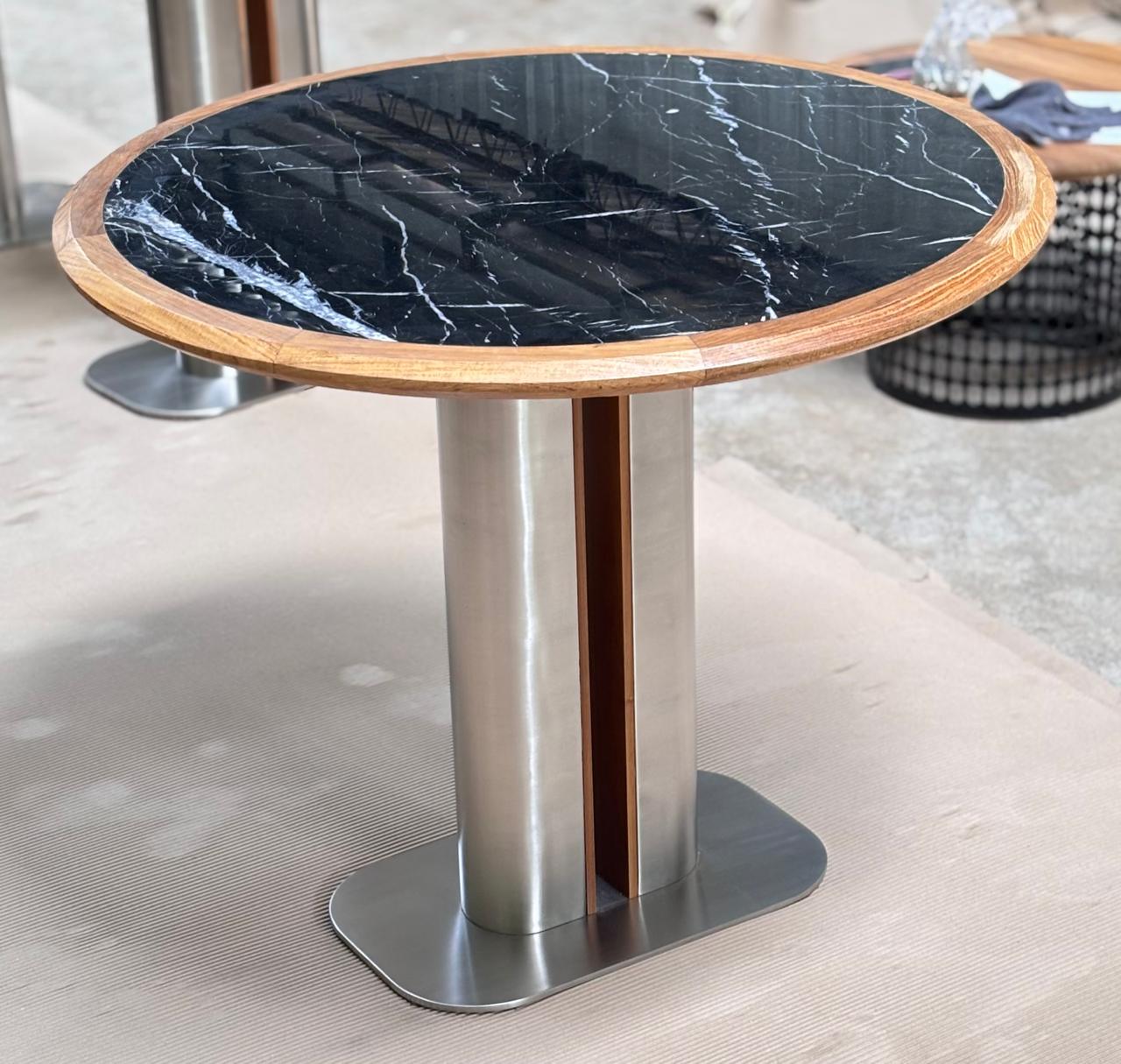 DT-10 - Dining Table with Wooden Frame Top, Marble Accent and Stainless Legs