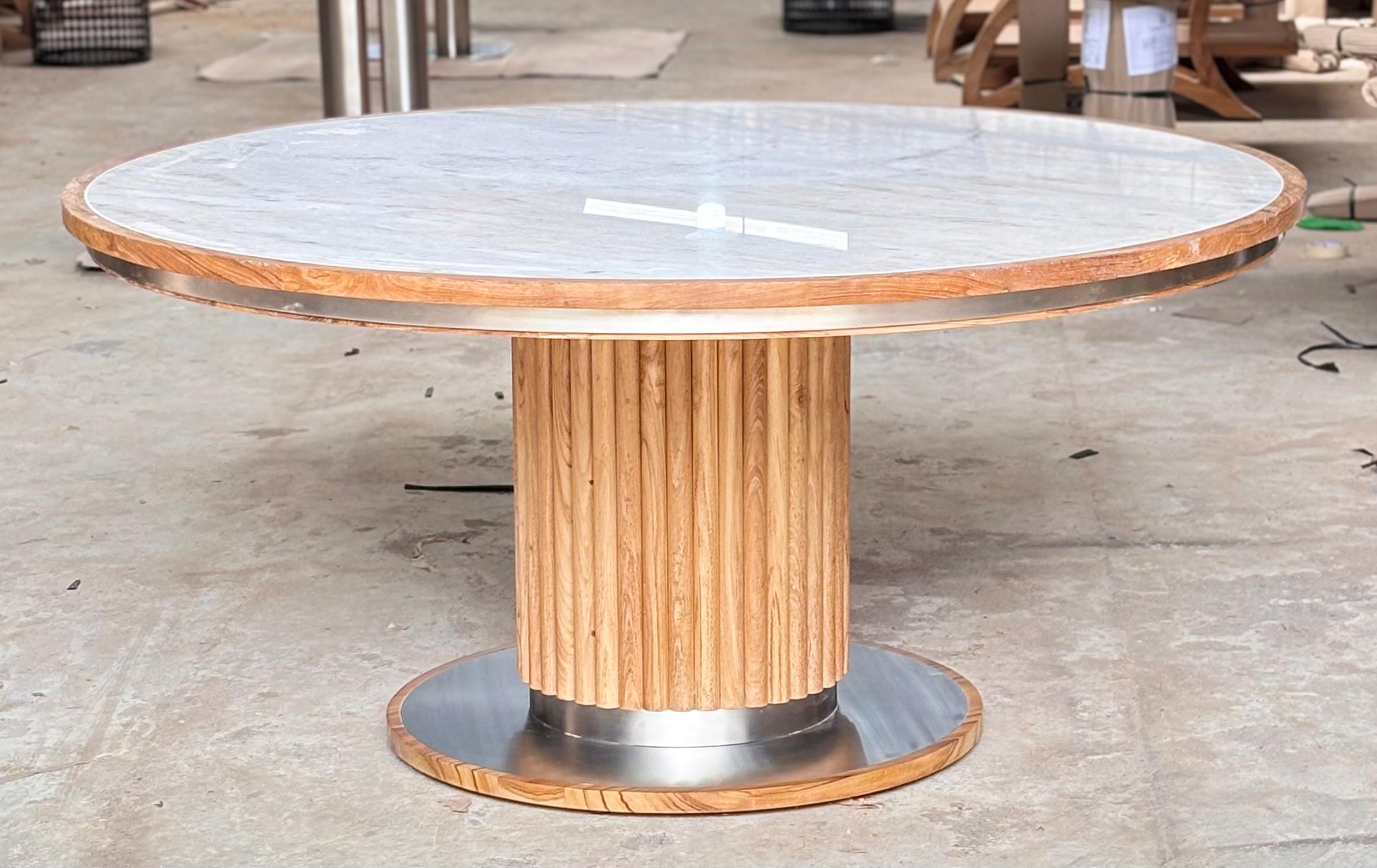DT-11 - Marble Top Round Dining Table with Wood & Stainless Frame and Legs