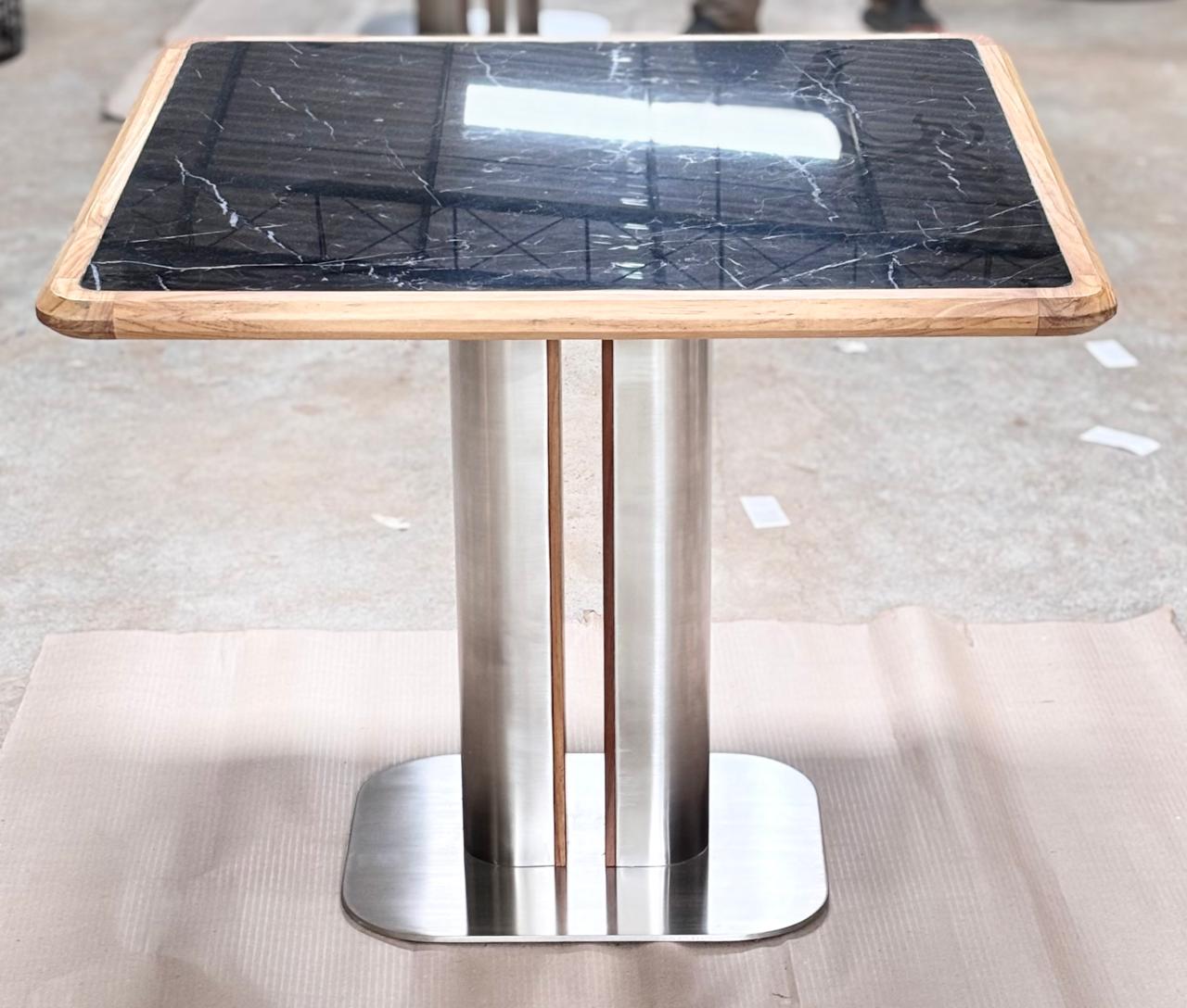 DT-12 - Square Dining Table with Wooden Frame Top, Marble Accent and Stainless Legs