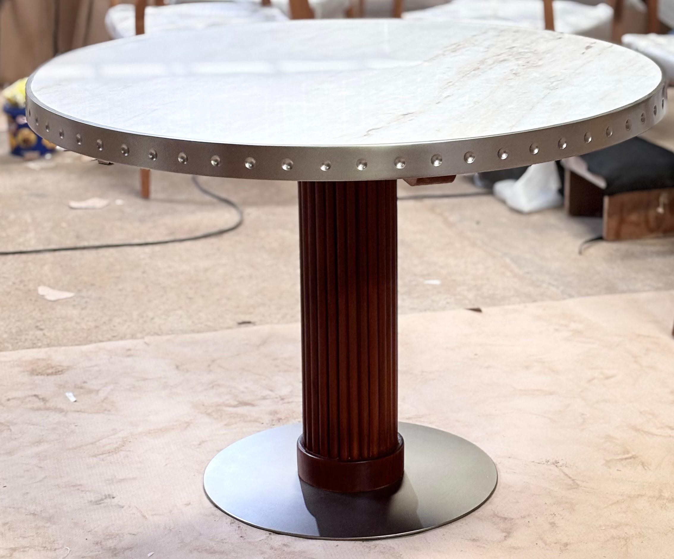 DT-13 - Round Dining Table with Marble Top, Stainless Frame & Wood-Stainless Base