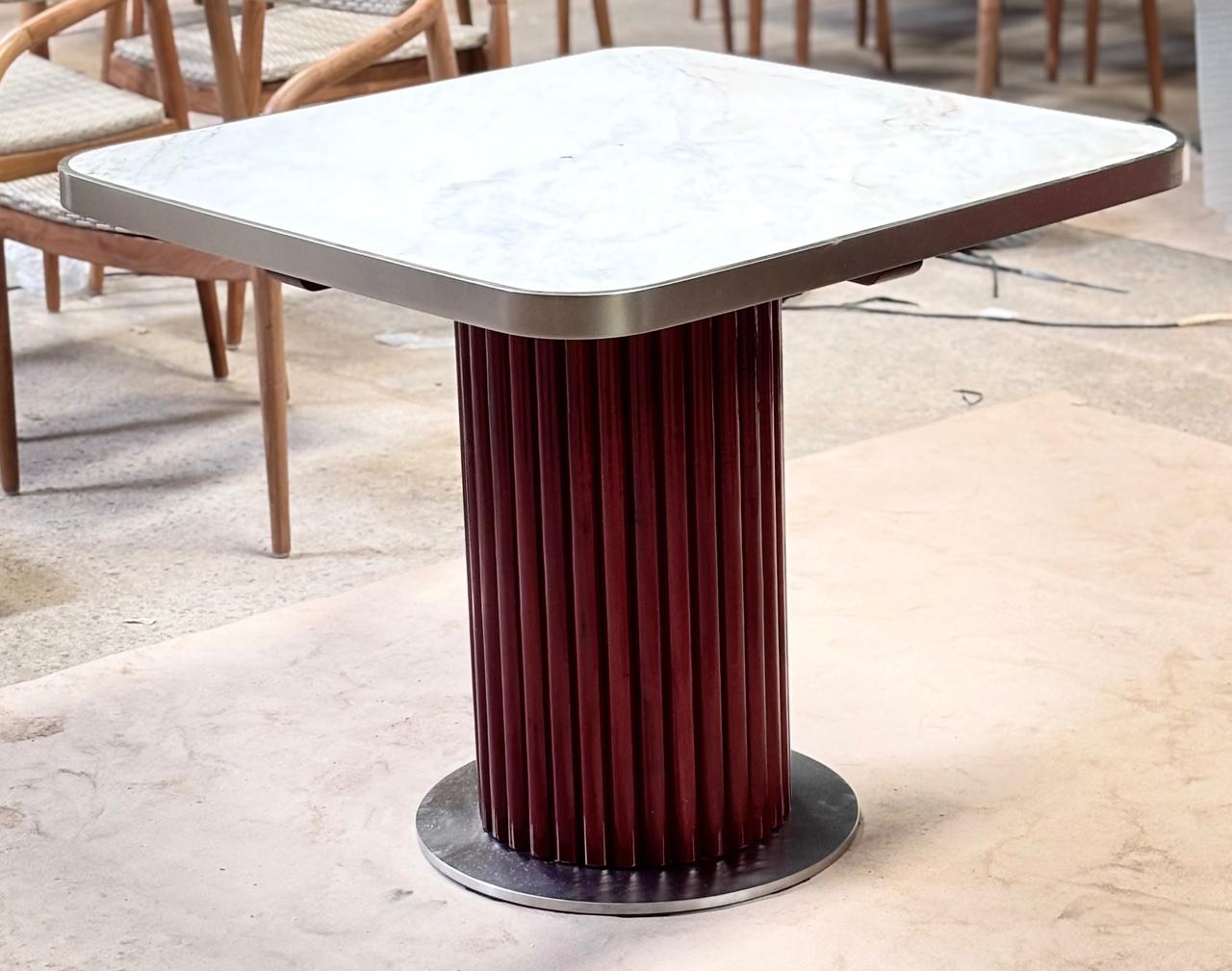 DT-14 - Square Dining Table with Marble Top, Stainless Frame & Wood-Stainless Base