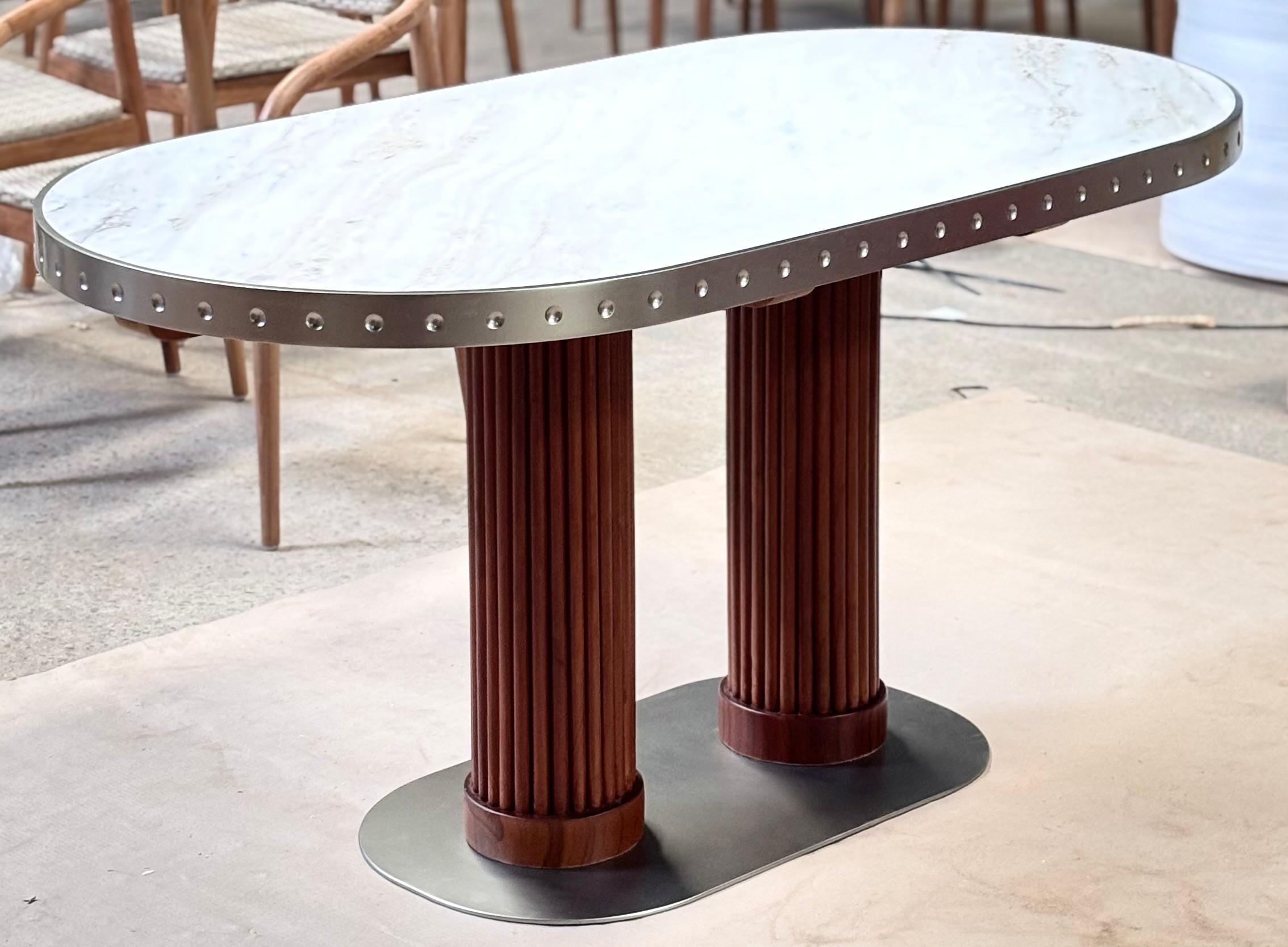 DT-16 - Oval Dining Table with Marble Top, Stainless Frame & Wood-Stainless Base