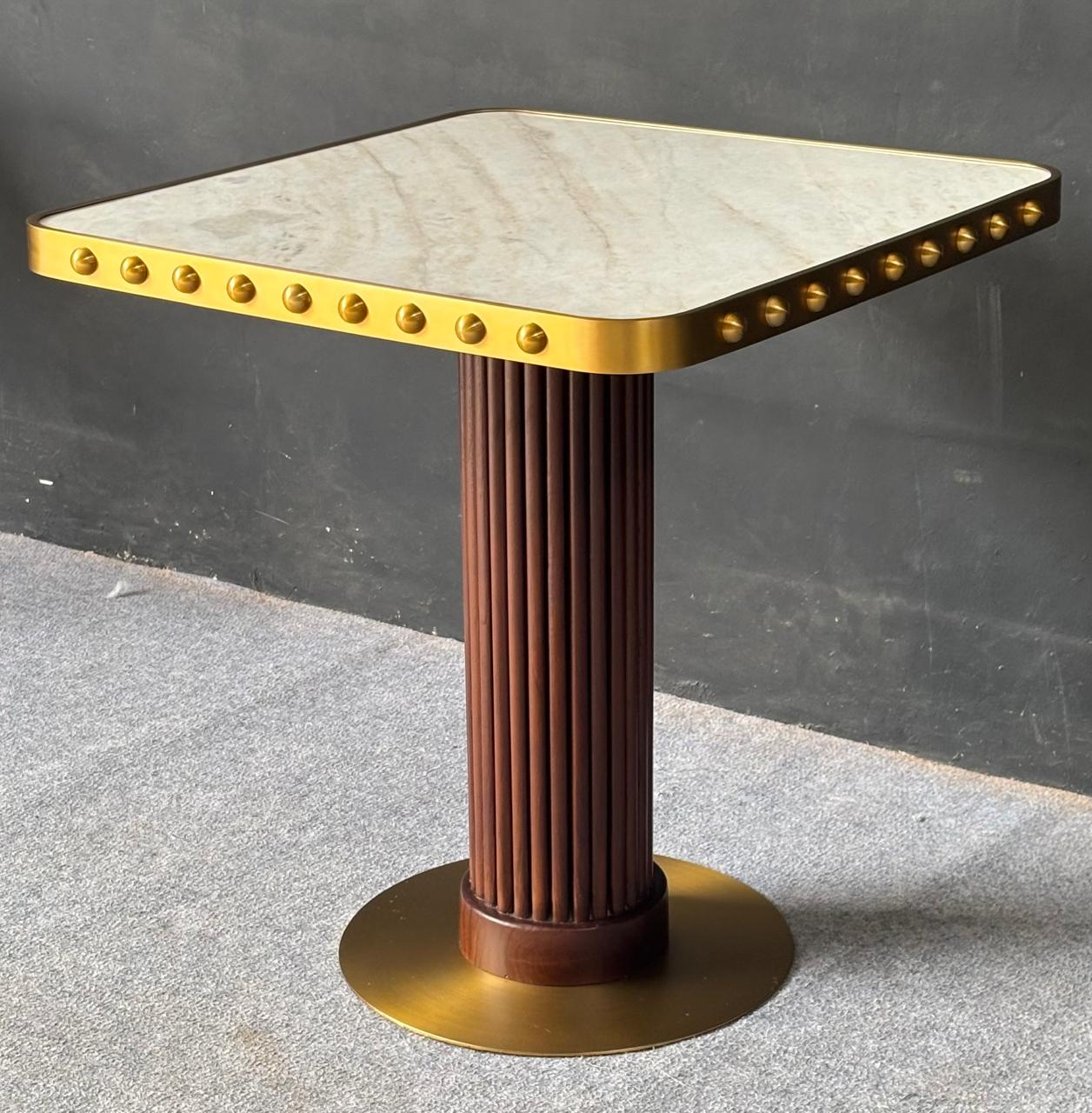 DT-22 - Square Dining Table with Marble Top, Stainless Frame & Wood-Stainless Base