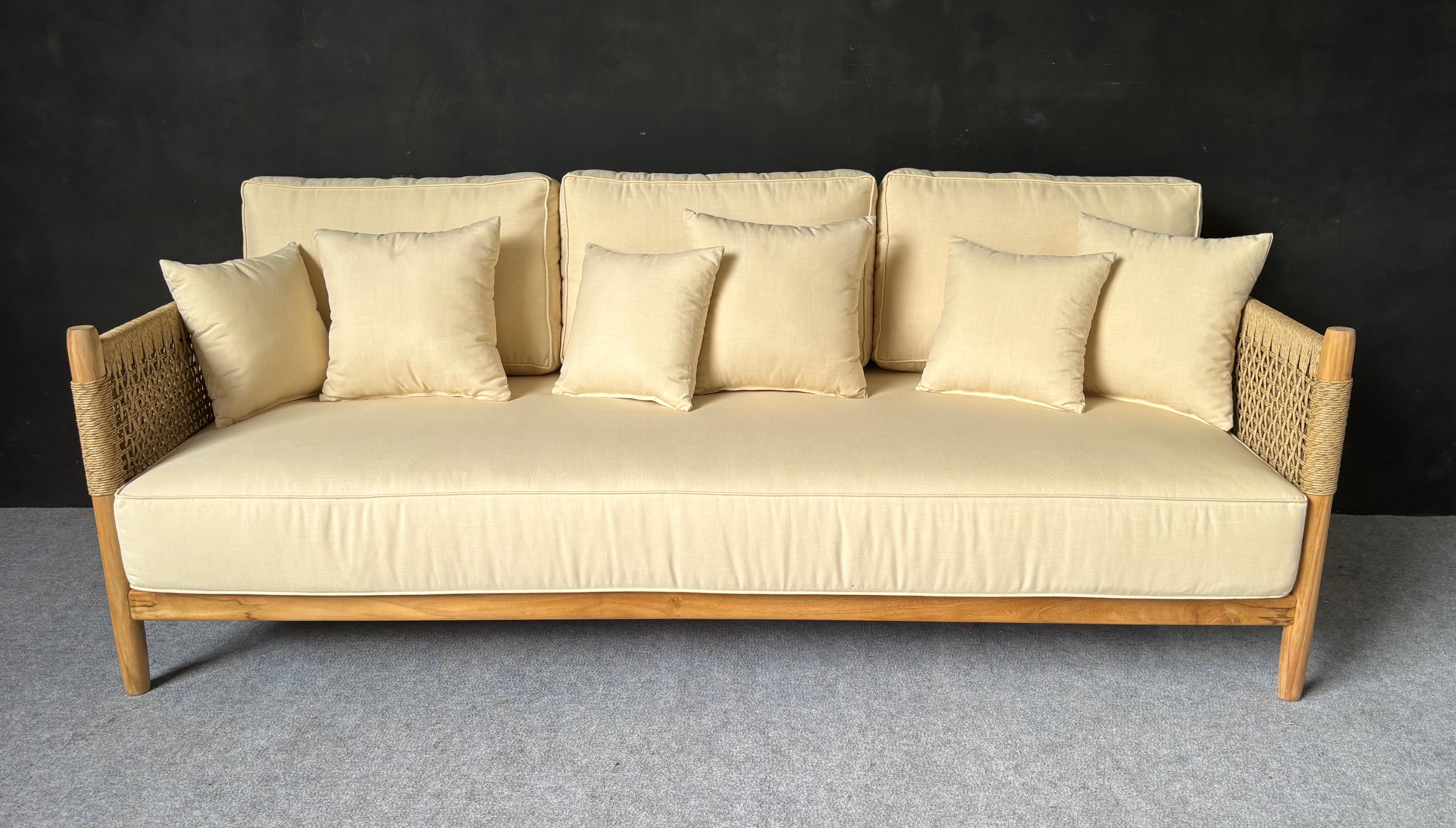 SF-12 - Wooden Natural Sofa with Rope Back and Cushions